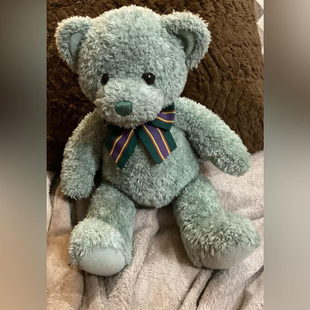 Gund: “ Riley” (40055) vintage stuffed sage green bear with hard black eyes.